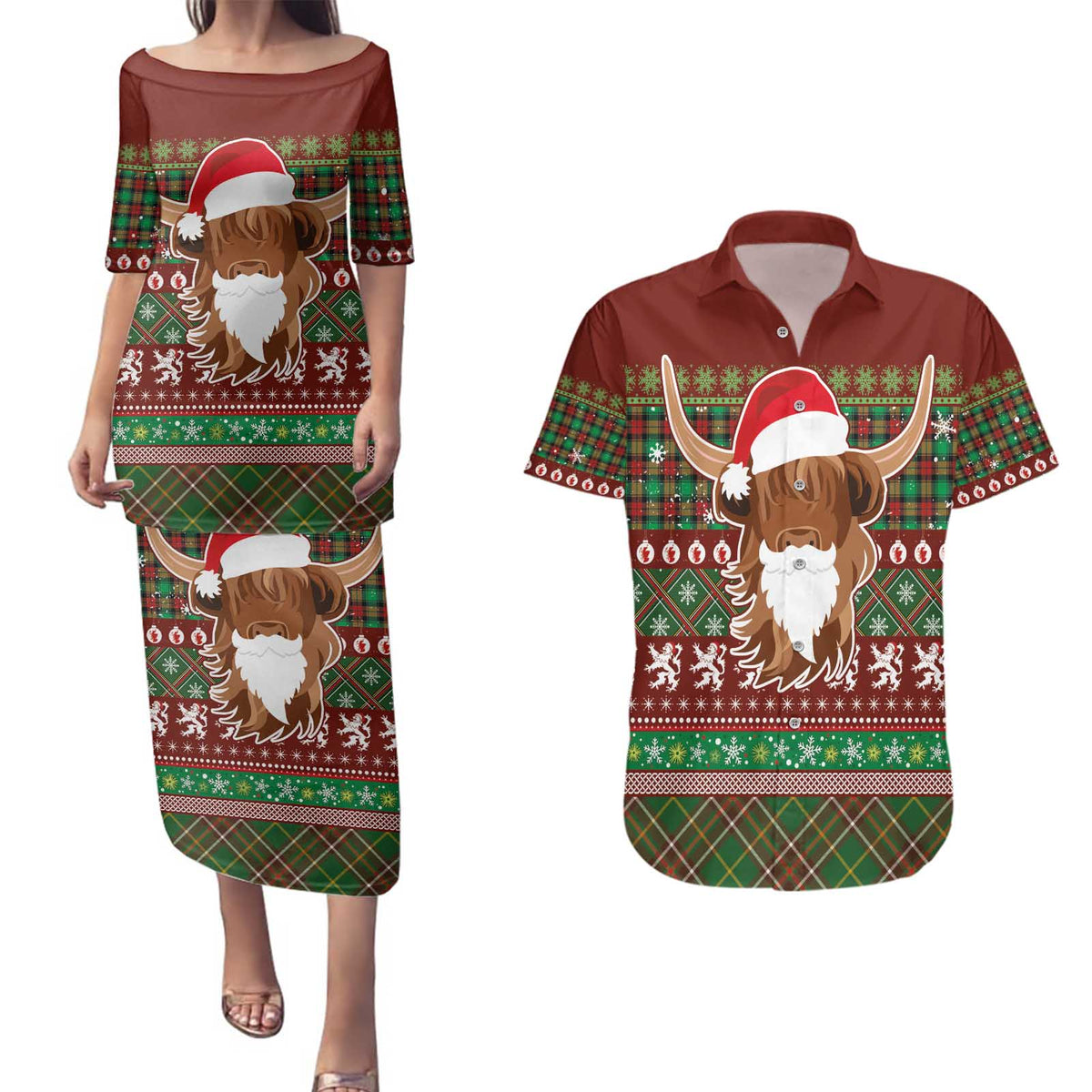 Scottish Christmas Couples Matching Puletasi and Hawaiian Shirt Highland Cattle-Xmas Tartan Stripes Style Red Color - Wonder Print Shop
