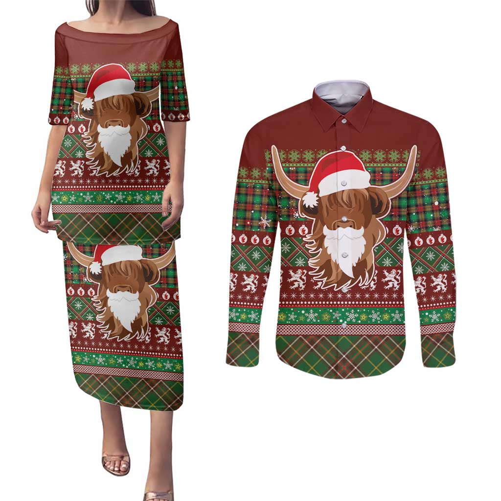 Scottish Christmas Couples Matching Puletasi and Long Sleeve Button Shirt Highland Cattle-Xmas Tartan Stripes Style Red Color - Wonder Print Shop
