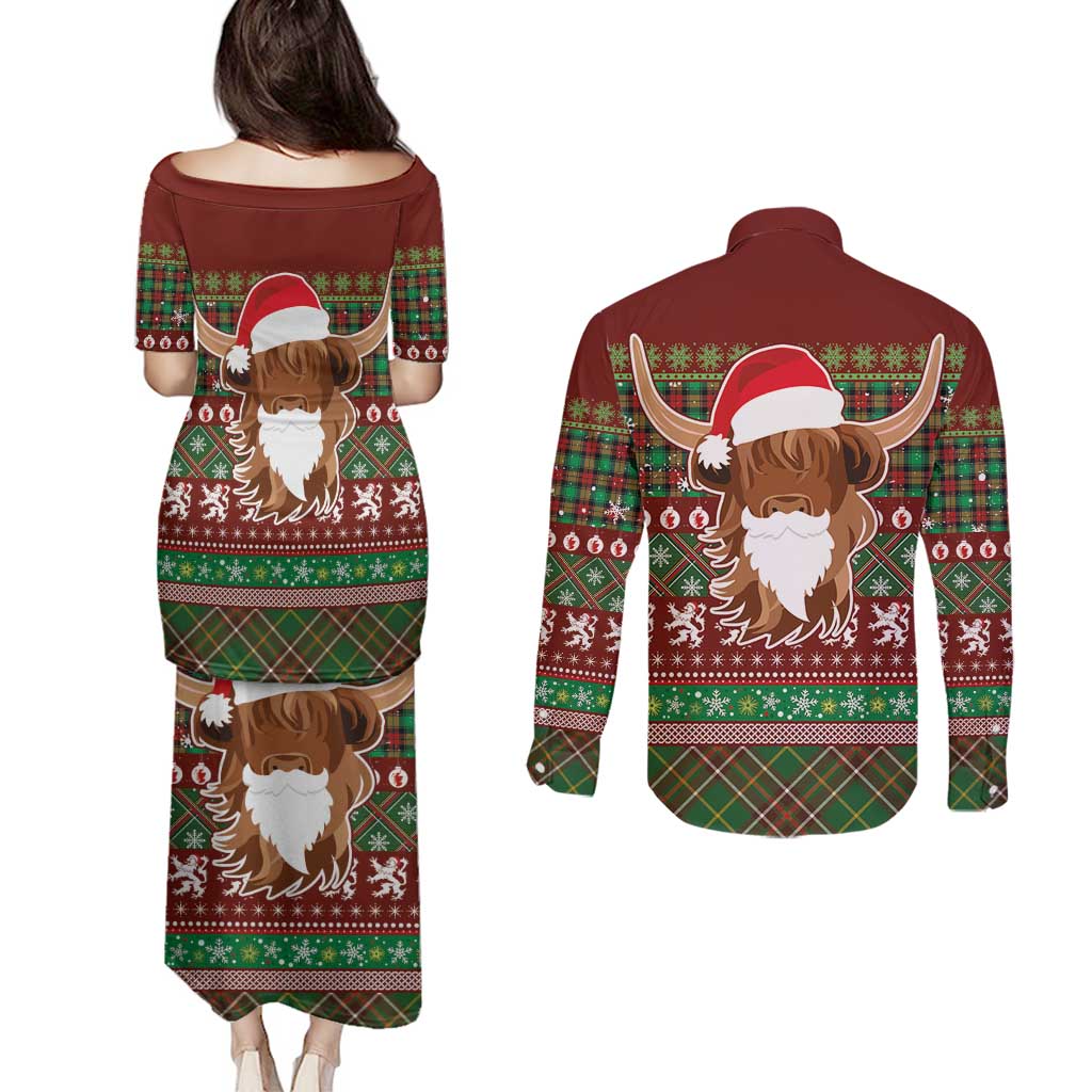Scottish Christmas Couples Matching Puletasi and Long Sleeve Button Shirt Highland Cattle-Xmas Tartan Stripes Style Red Color - Wonder Print Shop