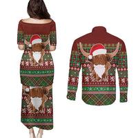 Scottish Christmas Couples Matching Puletasi and Long Sleeve Button Shirt Highland Cattle-Xmas Tartan Stripes Style Red Color - Wonder Print Shop