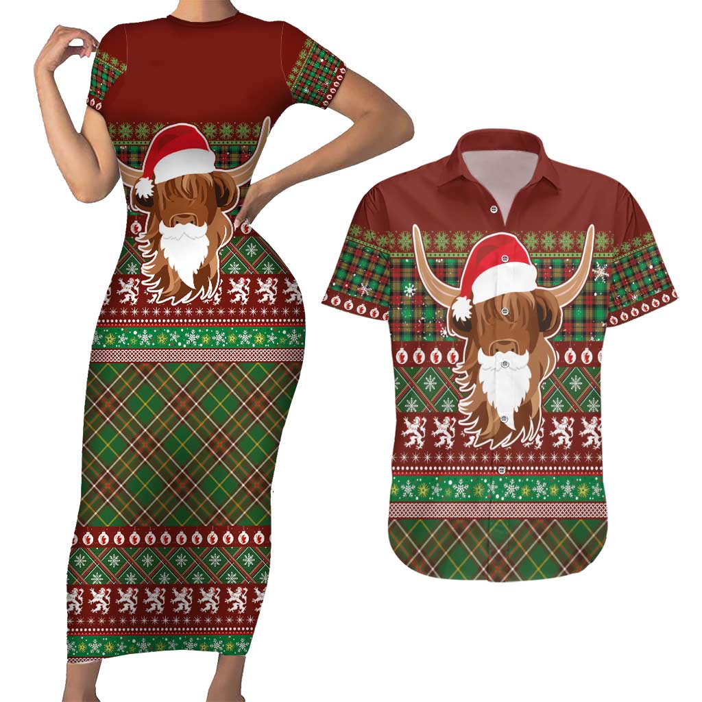 Scottish Christmas Couples Matching Short Sleeve Bodycon Dress and Hawaiian Shirt Highland Cattle-Xmas Tartan Stripes Style Red Color - Wonder Print Shop