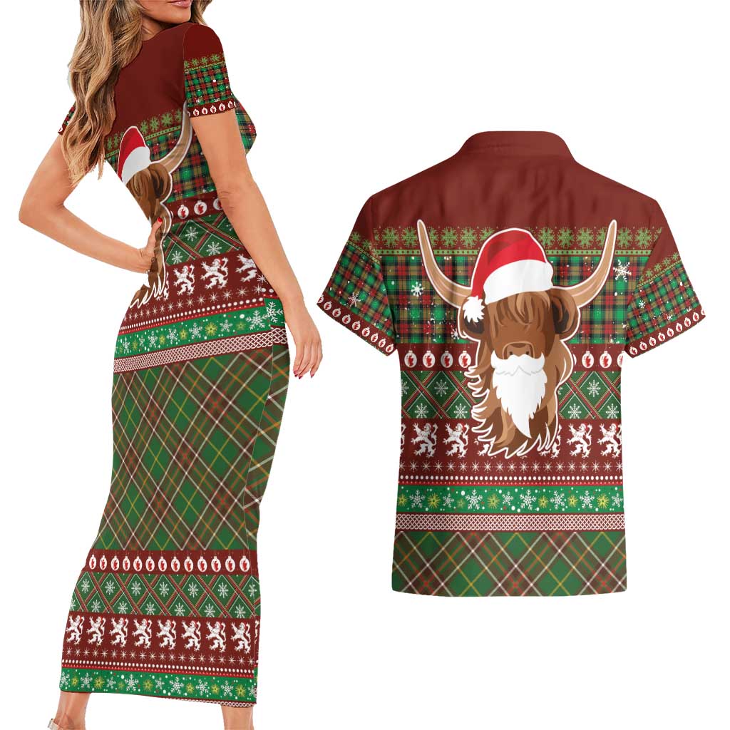 Scottish Christmas Couples Matching Short Sleeve Bodycon Dress and Hawaiian Shirt Highland Cattle-Xmas Tartan Stripes Style Red Color - Wonder Print Shop