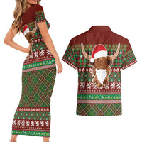 Scottish Christmas Couples Matching Short Sleeve Bodycon Dress and Hawaiian Shirt Highland Cattle-Xmas Tartan Stripes Style Red Color - Wonder Print Shop