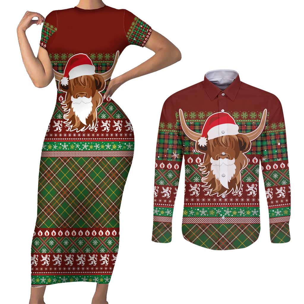 Scottish Christmas Couples Matching Short Sleeve Bodycon Dress and Long Sleeve Button Shirt Highland Cattle-Xmas Tartan Stripes Style Red Color - Wonder Print Shop