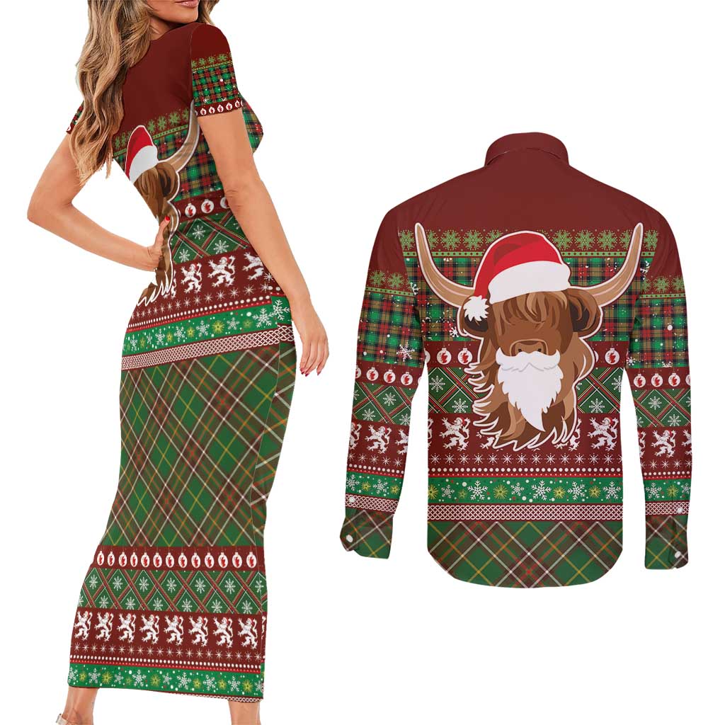 Scottish Christmas Couples Matching Short Sleeve Bodycon Dress and Long Sleeve Button Shirt Highland Cattle-Xmas Tartan Stripes Style Red Color - Wonder Print Shop