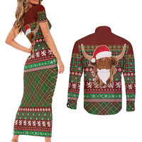 Scottish Christmas Couples Matching Short Sleeve Bodycon Dress and Long Sleeve Button Shirt Highland Cattle-Xmas Tartan Stripes Style Red Color - Wonder Print Shop