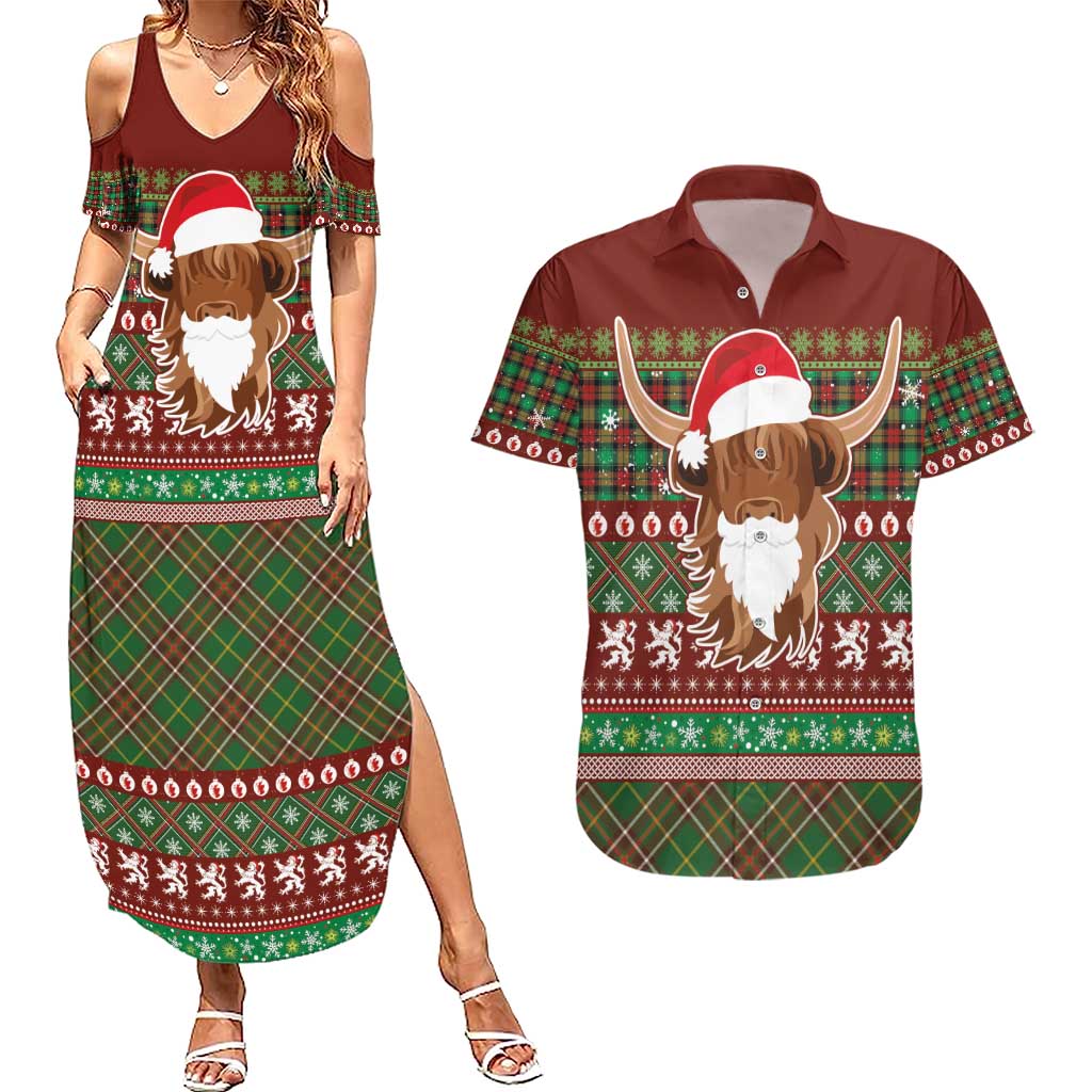 Scottish Christmas Couples Matching Summer Maxi Dress and Hawaiian Shirt Highland Cattle-Xmas Tartan Stripes Style Red Color - Wonder Print Shop