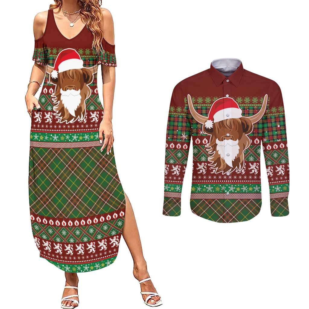 Scottish Christmas Couples Matching Summer Maxi Dress and Long Sleeve Button Shirt Highland Cattle-Xmas Tartan Stripes Style Red Color - Wonder Print Shop