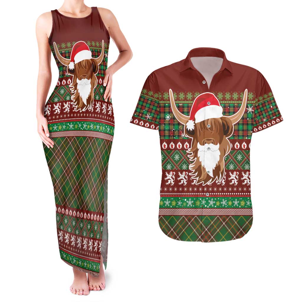 Scottish Christmas Couples Matching Tank Maxi Dress and Hawaiian Shirt Highland Cattle-Xmas Tartan Stripes Style Red Color - Wonder Print Shop