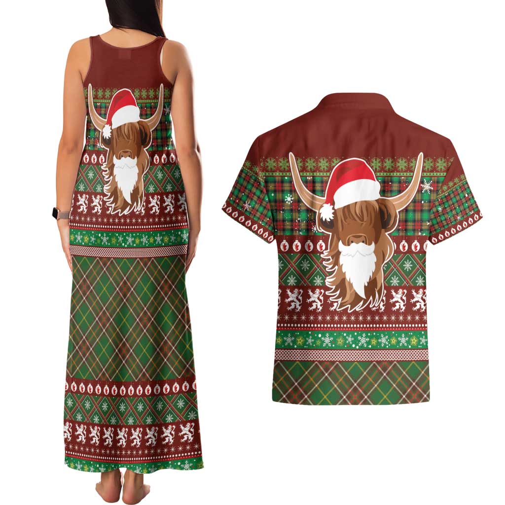 Scottish Christmas Couples Matching Tank Maxi Dress and Hawaiian Shirt Highland Cattle-Xmas Tartan Stripes Style Red Color - Wonder Print Shop