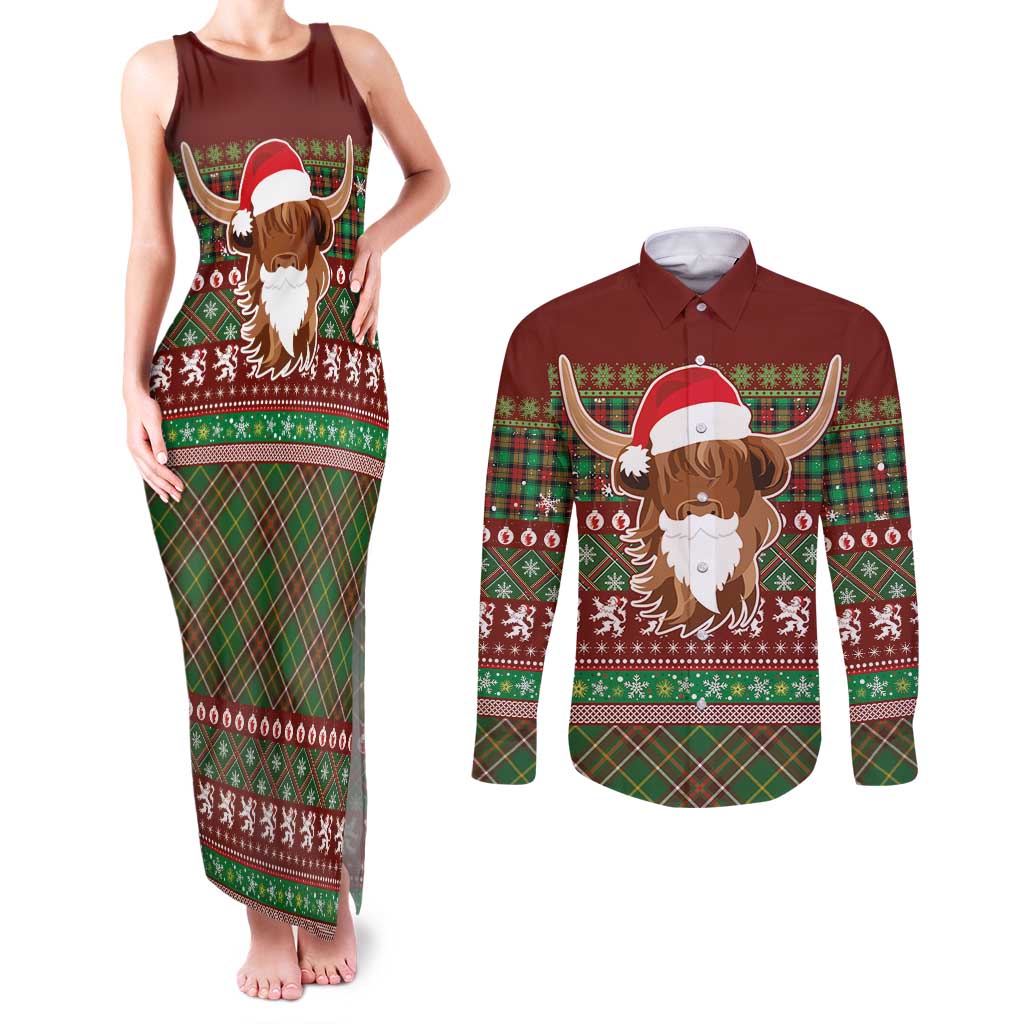 Scottish Christmas Couples Matching Tank Maxi Dress and Long Sleeve Button Shirt Highland Cattle-Xmas Tartan Stripes Style Red Color - Wonder Print Shop