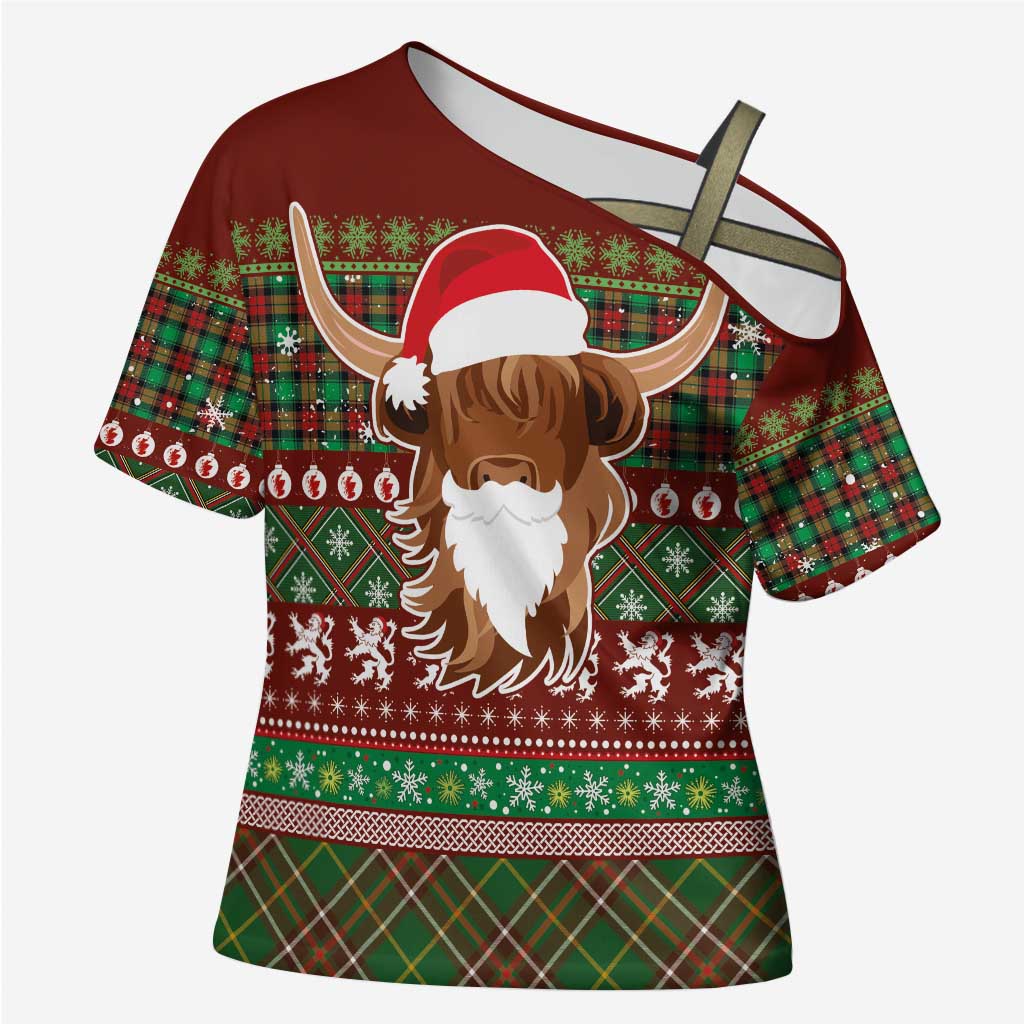 Scottish Christmas Cross Shoulder Shirt Highland Cattle-Xmas Tartan Stripes Style Red Color - Wonder Print Shop