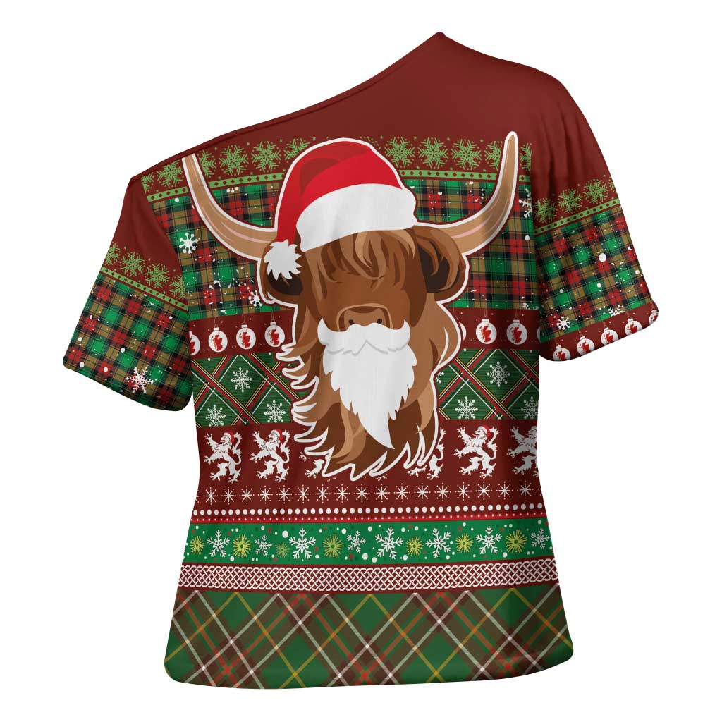 Scottish Christmas Cross Shoulder Shirt Highland Cattle-Xmas Tartan Stripes Style Red Color - Wonder Print Shop
