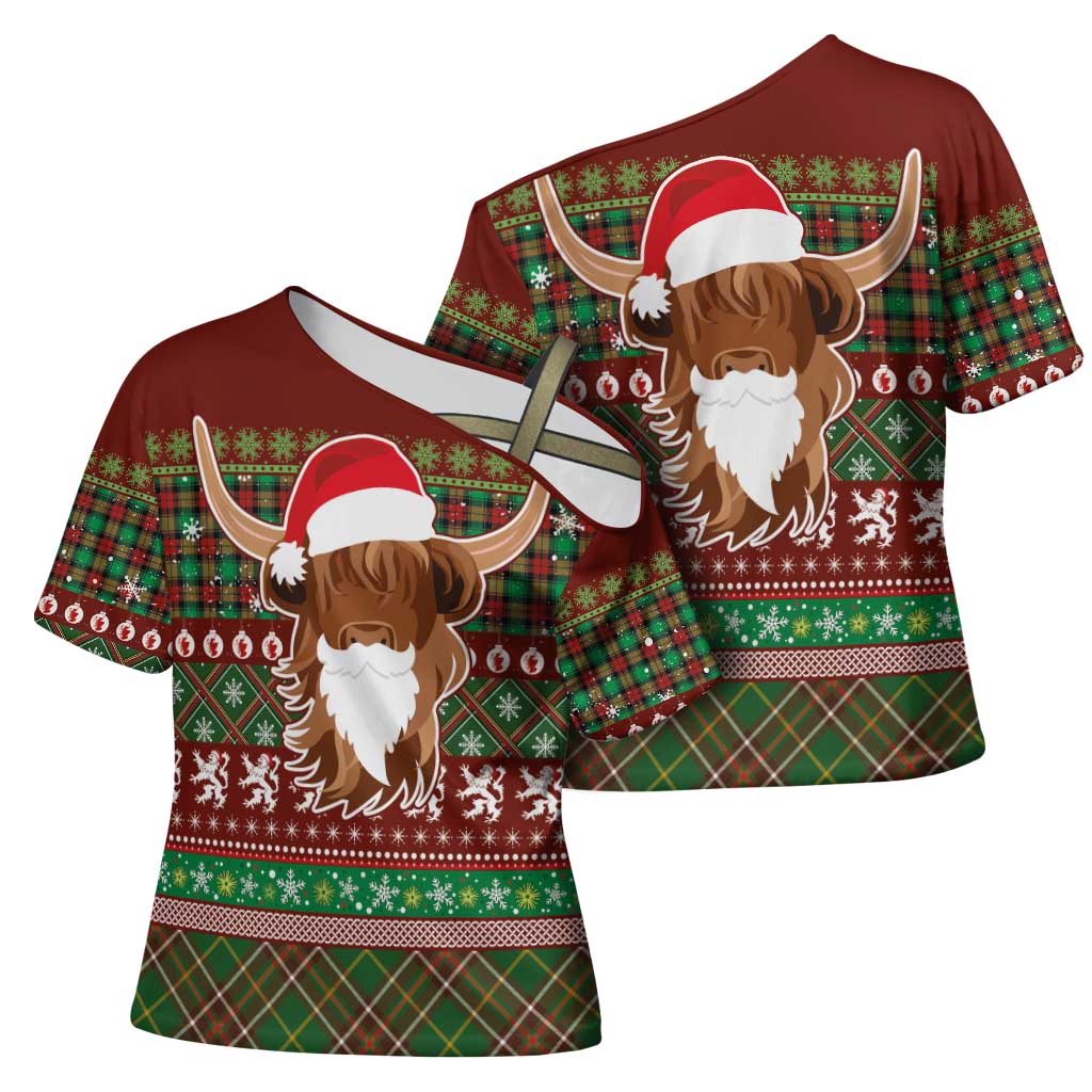 Scottish Christmas Cross Shoulder Shirt Highland Cattle-Xmas Tartan Stripes Style Red Color - Wonder Print Shop