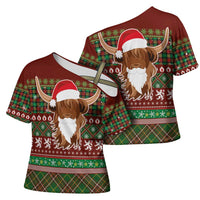 Scottish Christmas Cross Shoulder Shirt Highland Cattle-Xmas Tartan Stripes Style Red Color - Wonder Print Shop