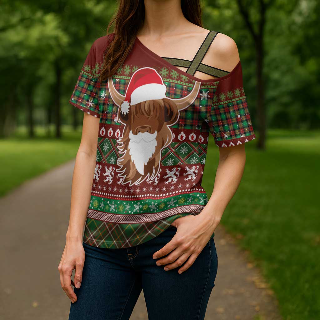 Scottish Christmas Cross Shoulder Shirt Highland Cattle-Xmas Tartan Stripes Style Red Color - Wonder Print Shop