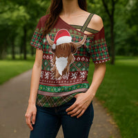 Scottish Christmas Cross Shoulder Shirt Highland Cattle-Xmas Tartan Stripes Style Red Color - Wonder Print Shop