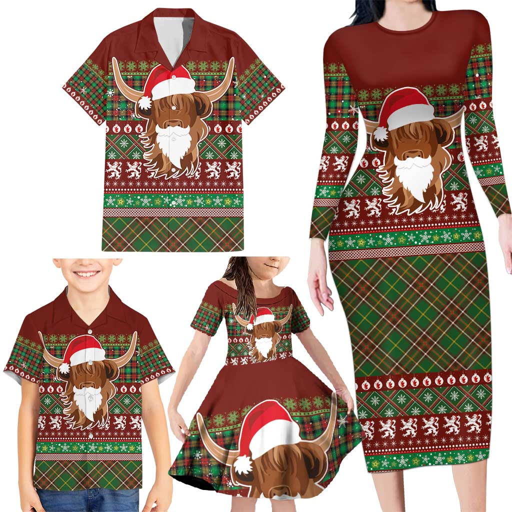 Scottish Christmas Family Matching Long Sleeve Bodycon Dress and Hawaiian Shirt Highland Cattle-Xmas Tartan Stripes Style Red Color - Wonder Print Shop