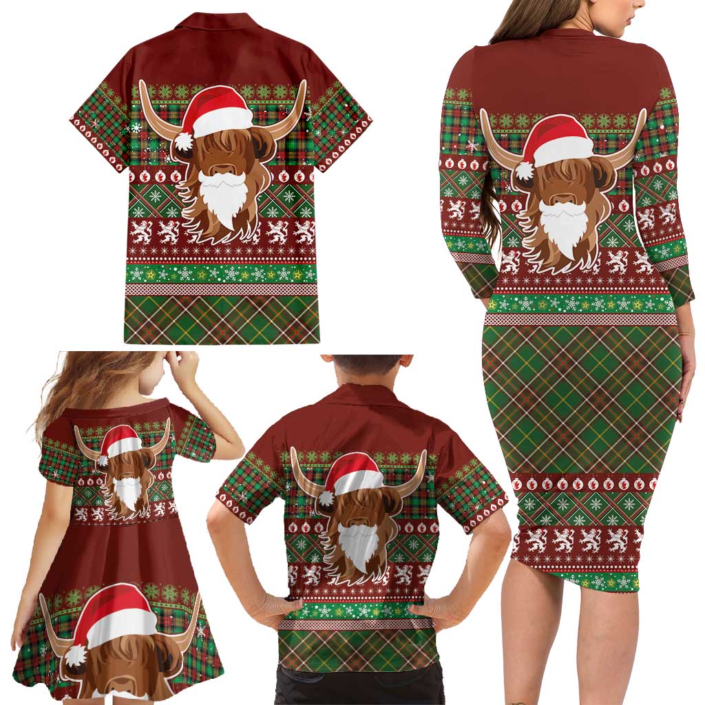Scottish Christmas Family Matching Long Sleeve Bodycon Dress and Hawaiian Shirt Highland Cattle-Xmas Tartan Stripes Style Red Color - Wonder Print Shop