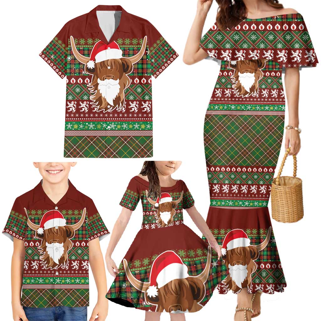 Scottish Christmas Family Matching Mermaid Dress and Hawaiian Shirt Highland Cattle-Xmas Tartan Stripes Style Red Color - Wonder Print Shop