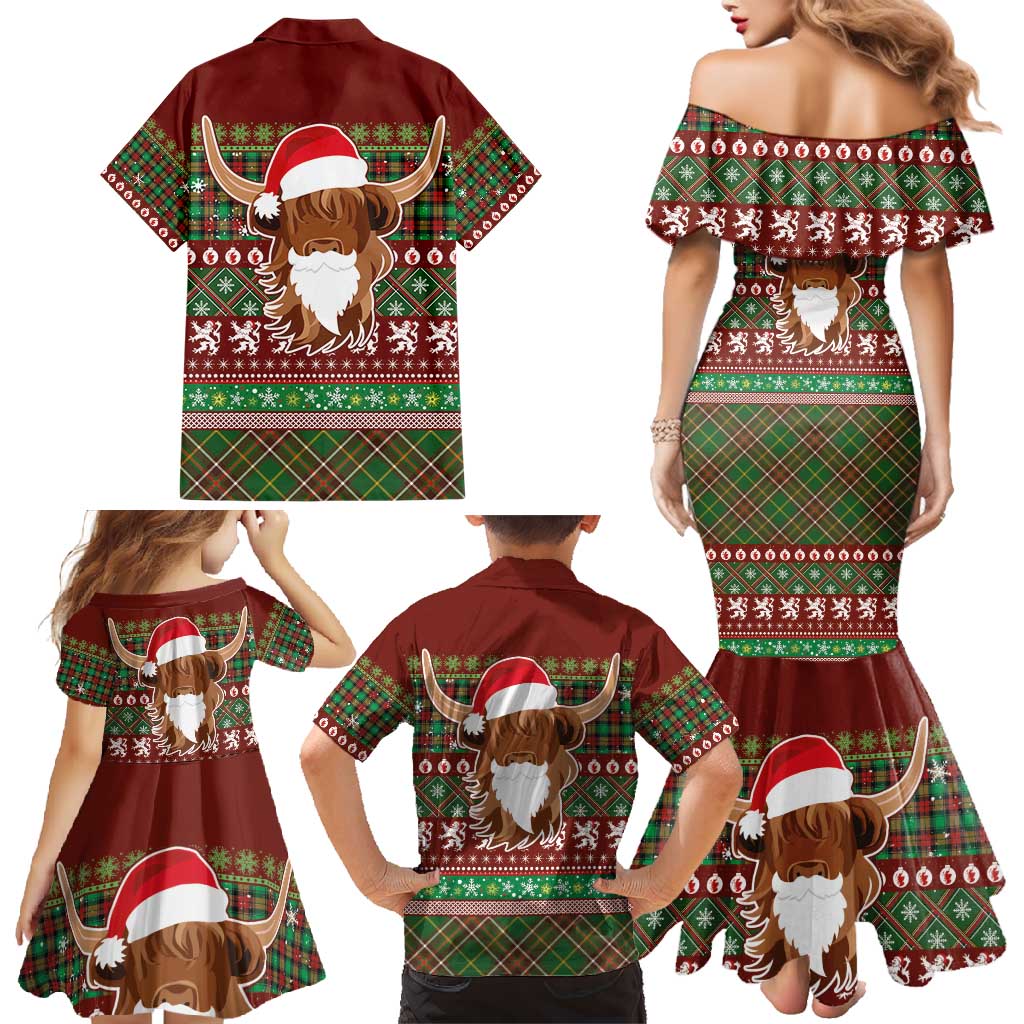 Scottish Christmas Family Matching Mermaid Dress and Hawaiian Shirt Highland Cattle-Xmas Tartan Stripes Style Red Color - Wonder Print Shop