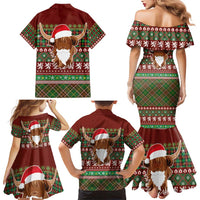 Scottish Christmas Family Matching Mermaid Dress and Hawaiian Shirt Highland Cattle-Xmas Tartan Stripes Style Red Color - Wonder Print Shop