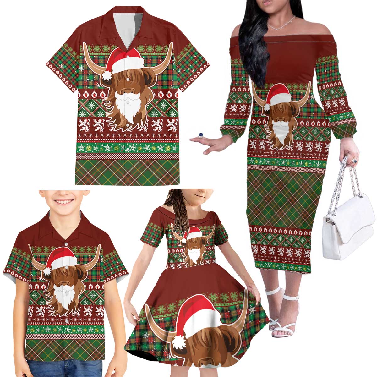 Scottish Christmas Family Matching Off The Shoulder Long Sleeve Dress and Hawaiian Shirt Highland Cattle-Xmas Tartan Stripes Style Red Color - Wonder Print Shop