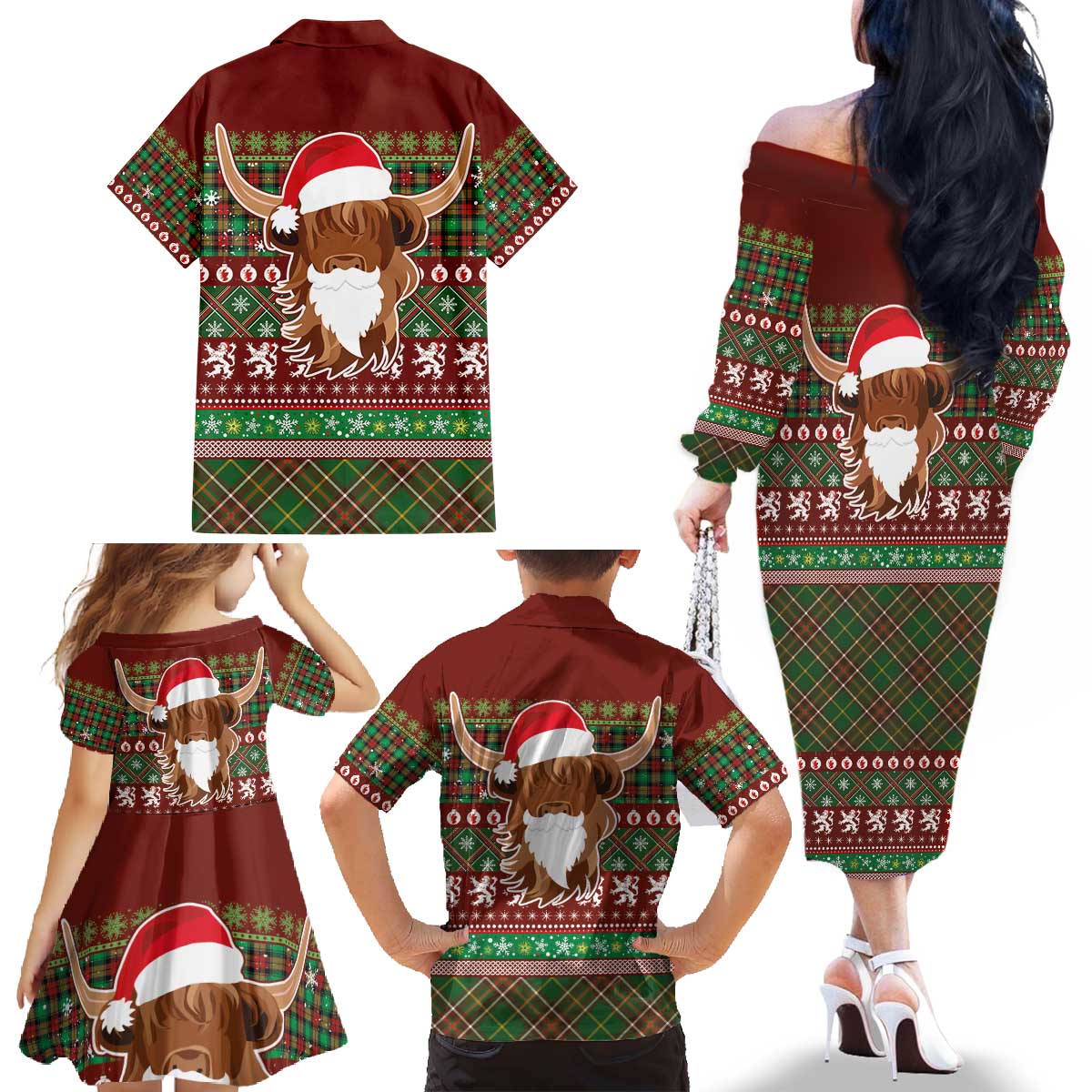 Scottish Christmas Family Matching Off The Shoulder Long Sleeve Dress and Hawaiian Shirt Highland Cattle-Xmas Tartan Stripes Style Red Color - Wonder Print Shop