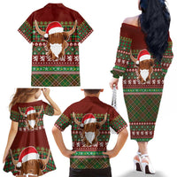 Scottish Christmas Family Matching Off The Shoulder Long Sleeve Dress and Hawaiian Shirt Highland Cattle-Xmas Tartan Stripes Style Red Color - Wonder Print Shop