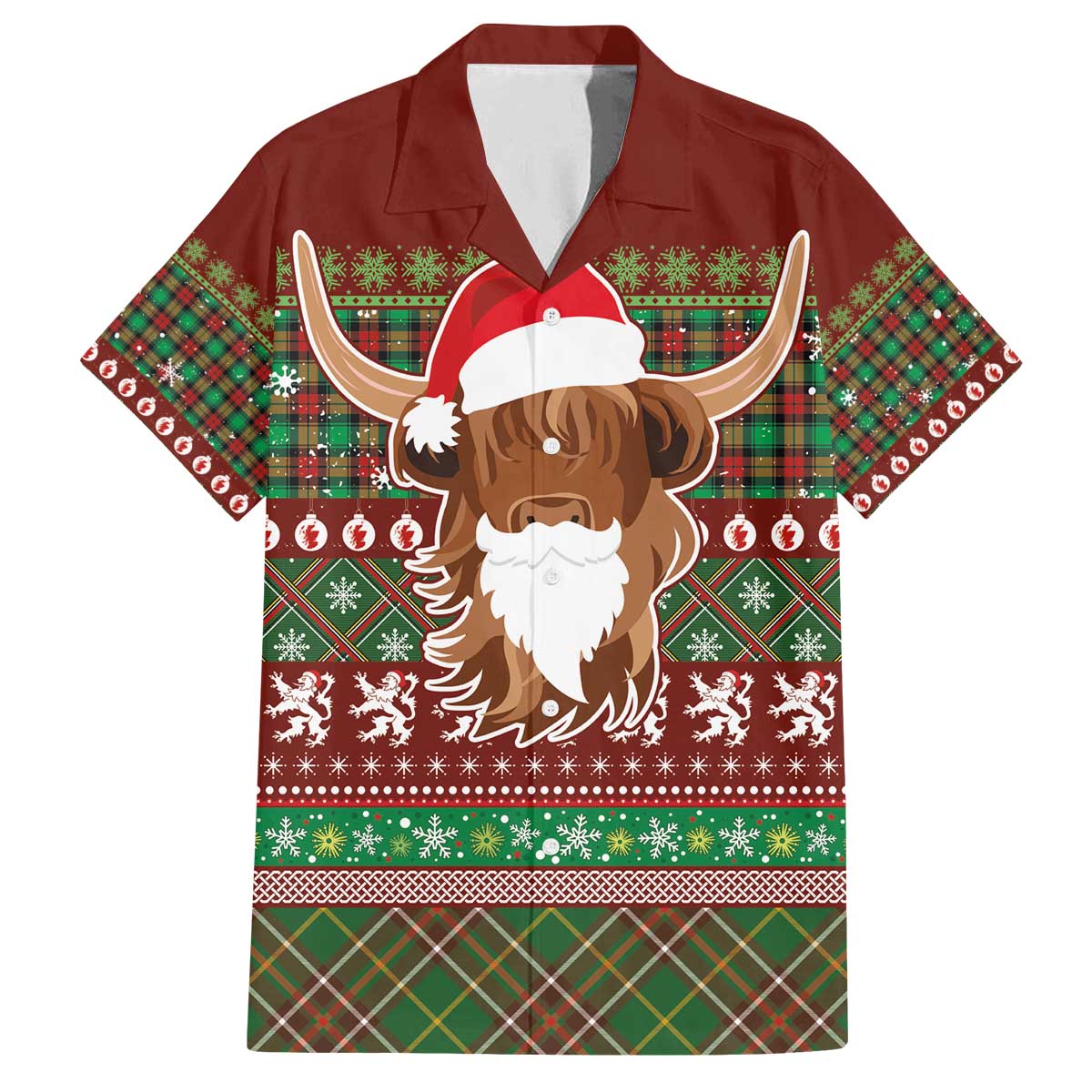 Scottish Christmas Family Matching Off The Shoulder Long Sleeve Dress and Hawaiian Shirt Highland Cattle-Xmas Tartan Stripes Style Red Color - Wonder Print Shop