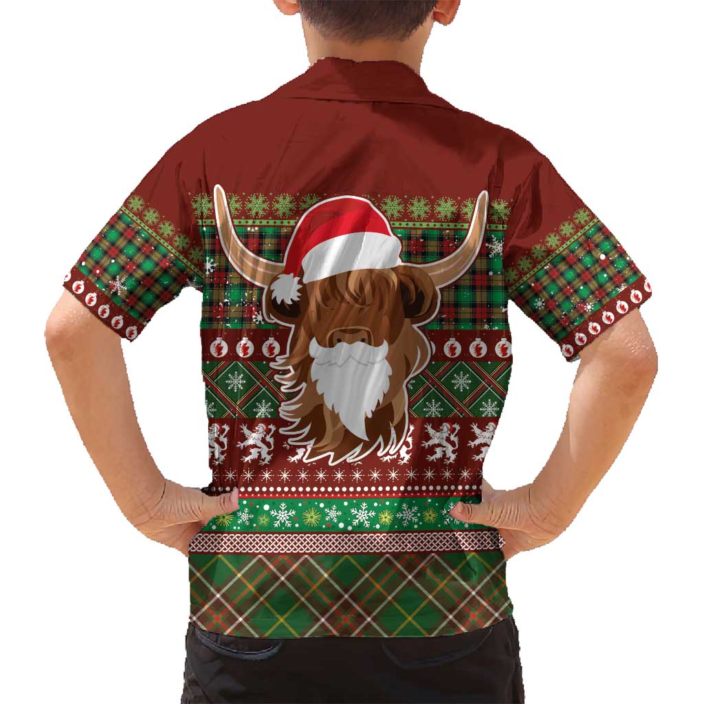Scottish Christmas Family Matching Off Shoulder Maxi Dress and Hawaiian Shirt Highland Cattle-Xmas Tartan Stripes Style Red Color - Wonder Print Shop