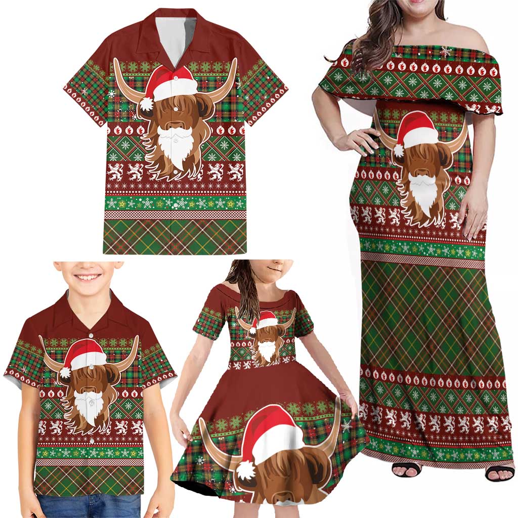 Scottish Christmas Family Matching Off Shoulder Maxi Dress and Hawaiian Shirt Highland Cattle-Xmas Tartan Stripes Style Red Color - Wonder Print Shop