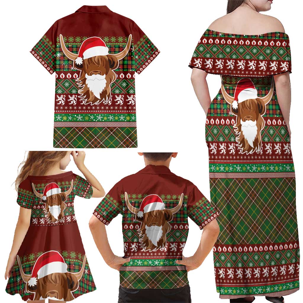Scottish Christmas Family Matching Off Shoulder Maxi Dress and Hawaiian Shirt Highland Cattle-Xmas Tartan Stripes Style Red Color - Wonder Print Shop