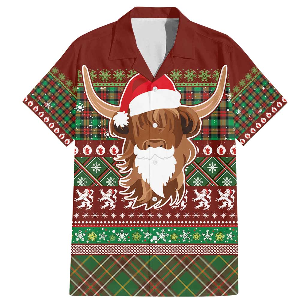 Scottish Christmas Family Matching Off Shoulder Maxi Dress and Hawaiian Shirt Highland Cattle-Xmas Tartan Stripes Style Red Color - Wonder Print Shop