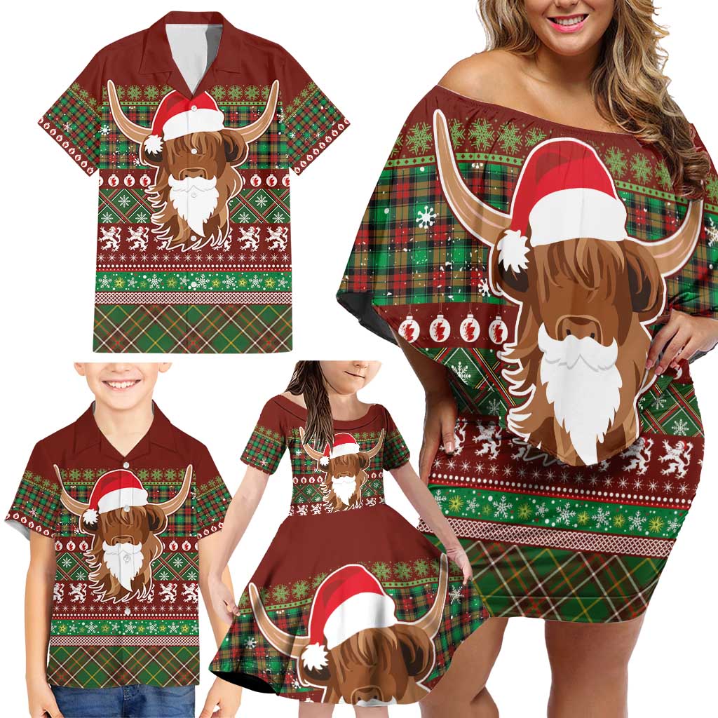 Scottish Christmas Family Matching Off Shoulder Short Dress and Hawaiian Shirt Highland Cattle-Xmas Tartan Stripes Style Red Color - Wonder Print Shop