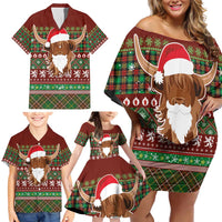 Scottish Christmas Family Matching Off Shoulder Short Dress and Hawaiian Shirt Highland Cattle-Xmas Tartan Stripes Style Red Color - Wonder Print Shop