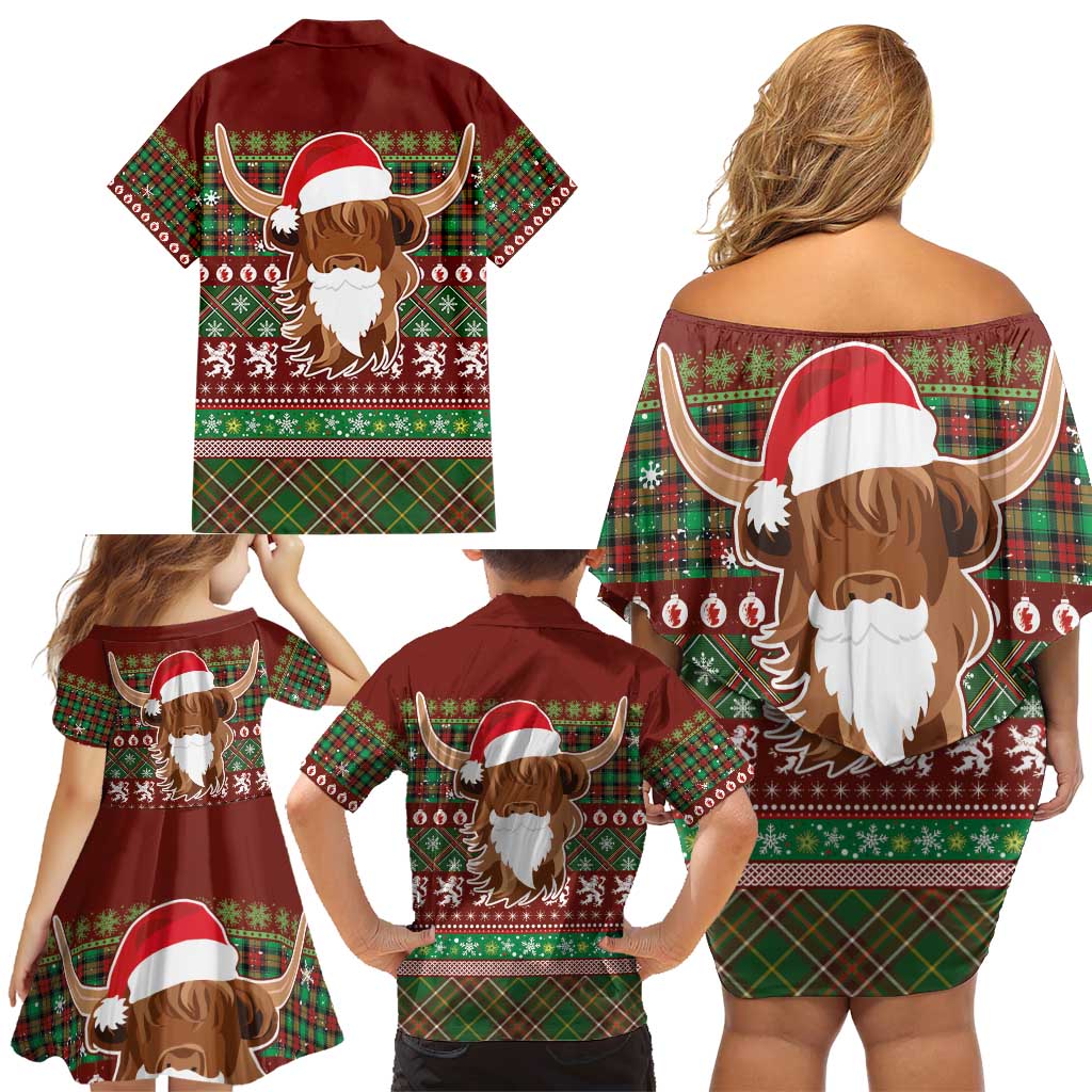 Scottish Christmas Family Matching Off Shoulder Short Dress and Hawaiian Shirt Highland Cattle-Xmas Tartan Stripes Style Red Color - Wonder Print Shop
