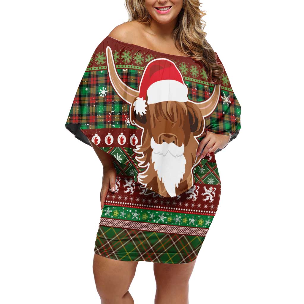 Scottish Christmas Family Matching Off Shoulder Short Dress and Hawaiian Shirt Highland Cattle-Xmas Tartan Stripes Style Red Color - Wonder Print Shop