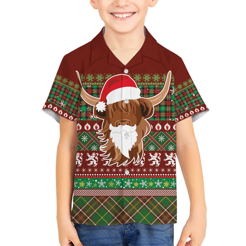Scottish Christmas Family Matching Off Shoulder Short Dress and Hawaiian Shirt Highland Cattle-Xmas Tartan Stripes Style Red Color - Wonder Print Shop