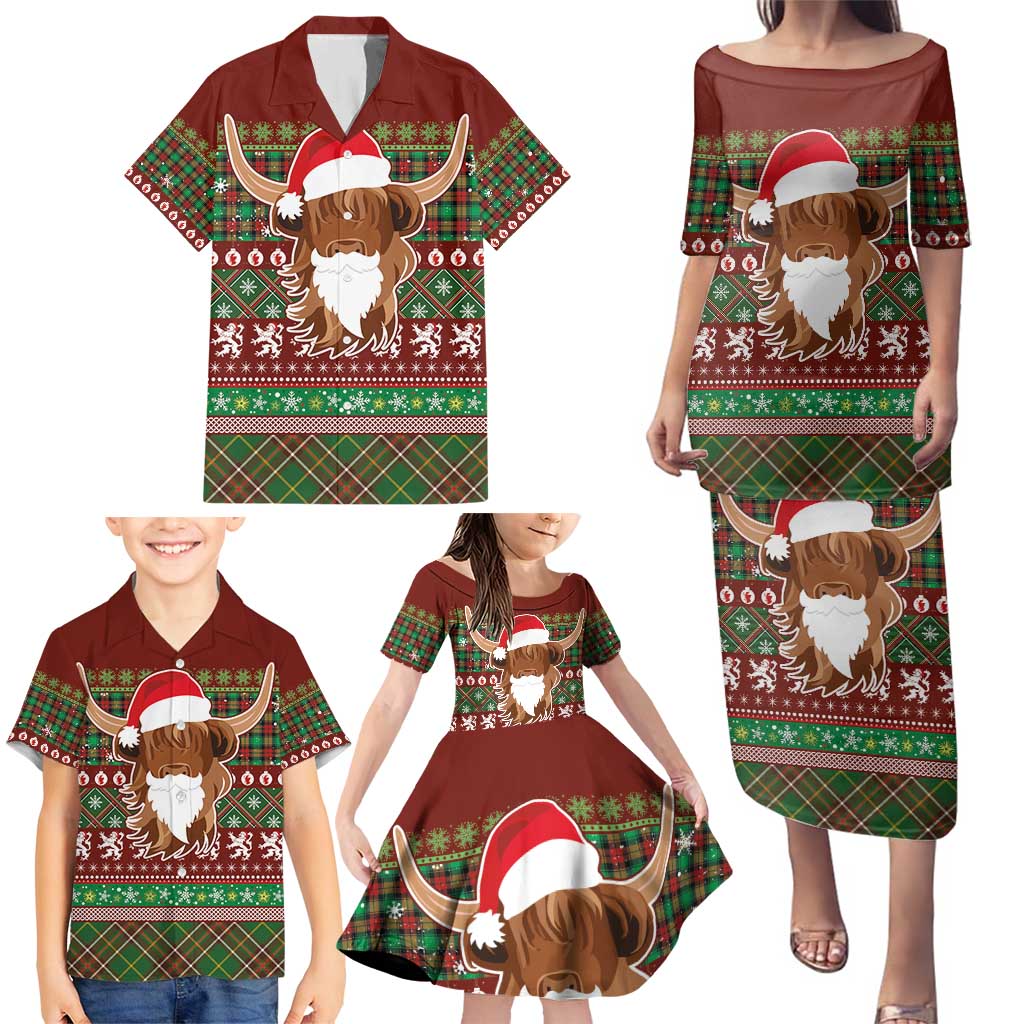 Scottish Christmas Family Matching Puletasi and Hawaiian Shirt Highland Cattle-Xmas Tartan Stripes Style Red Color - Wonder Print Shop
