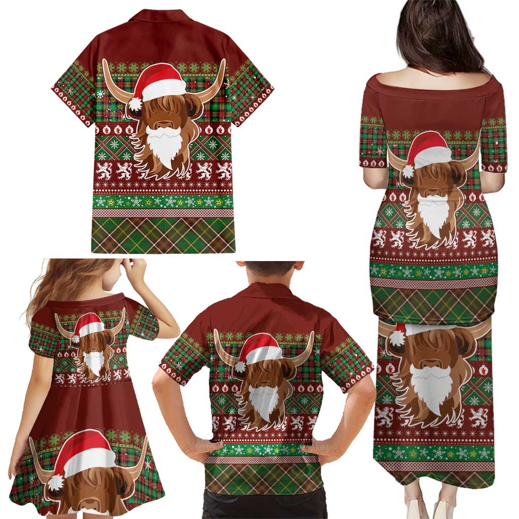 Scottish Christmas Family Matching Puletasi and Hawaiian Shirt Highland Cattle-Xmas Tartan Stripes Style Red Color - Wonder Print Shop