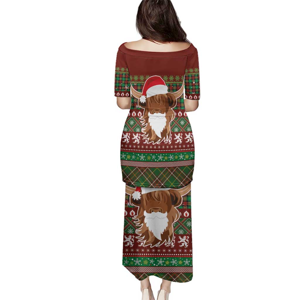 Scottish Christmas Family Matching Puletasi and Hawaiian Shirt Highland Cattle-Xmas Tartan Stripes Style Red Color - Wonder Print Shop