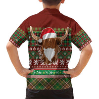 Scottish Christmas Family Matching Short Sleeve Bodycon Dress and Hawaiian Shirt Highland Cattle-Xmas Tartan Stripes Style Red Color - Wonder Print Shop