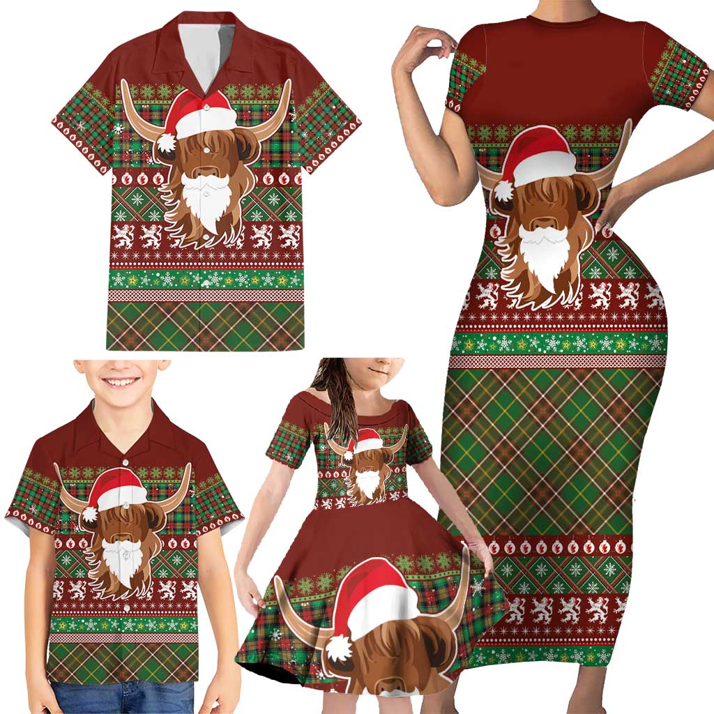 Scottish Christmas Family Matching Short Sleeve Bodycon Dress and Hawaiian Shirt Highland Cattle-Xmas Tartan Stripes Style Red Color - Wonder Print Shop