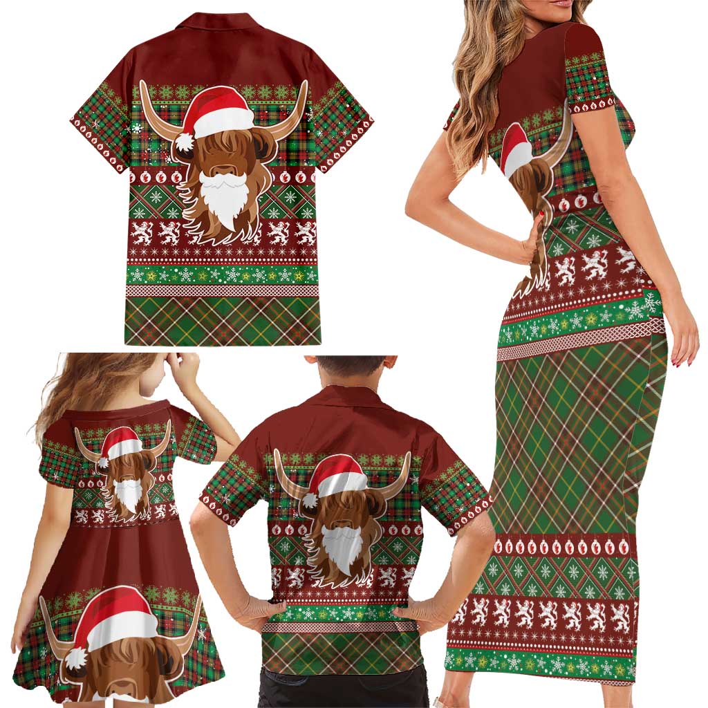 Scottish Christmas Family Matching Short Sleeve Bodycon Dress and Hawaiian Shirt Highland Cattle-Xmas Tartan Stripes Style Red Color - Wonder Print Shop