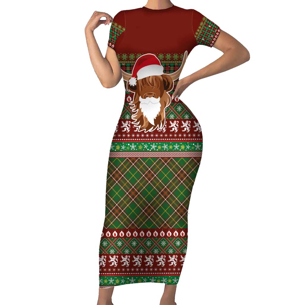 Scottish Christmas Family Matching Short Sleeve Bodycon Dress and Hawaiian Shirt Highland Cattle-Xmas Tartan Stripes Style Red Color - Wonder Print Shop