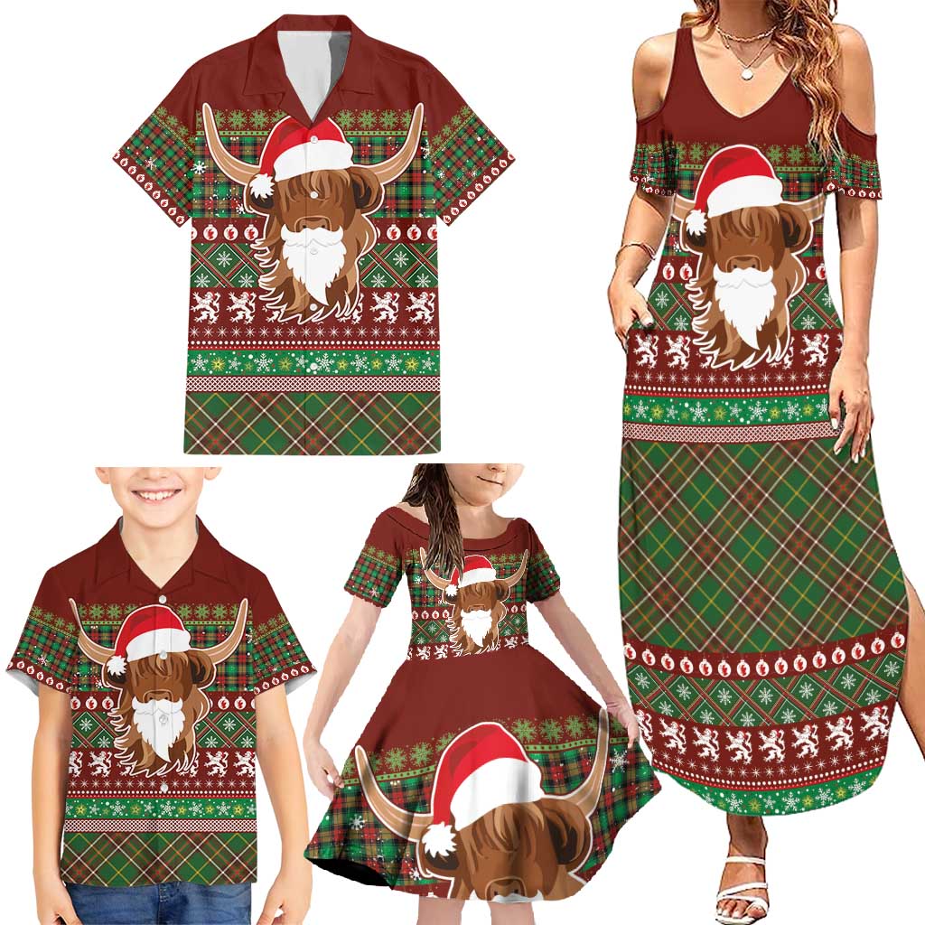 Scottish Christmas Family Matching Summer Maxi Dress and Hawaiian Shirt Highland Cattle-Xmas Tartan Stripes Style Red Color - Wonder Print Shop