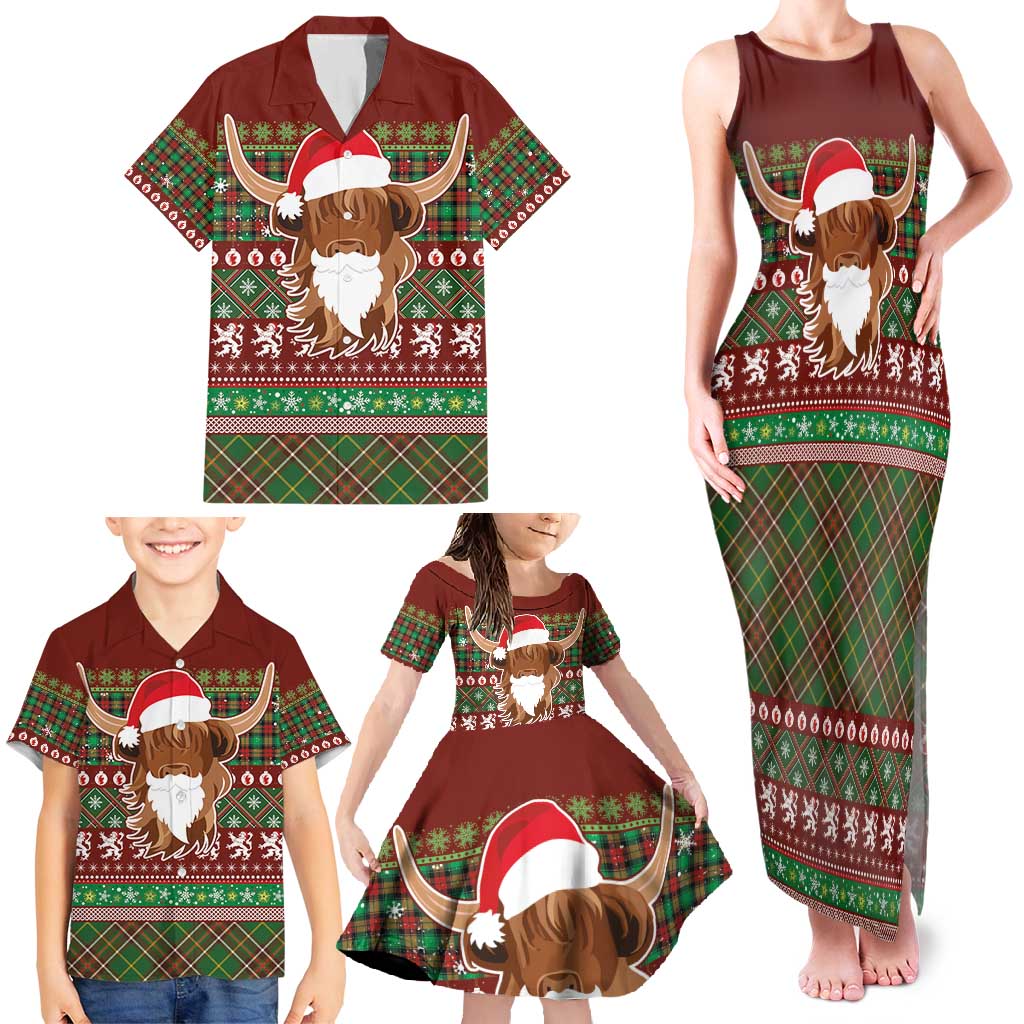 Scottish Christmas Family Matching Tank Maxi Dress and Hawaiian Shirt Highland Cattle-Xmas Tartan Stripes Style Red Color - Wonder Print Shop