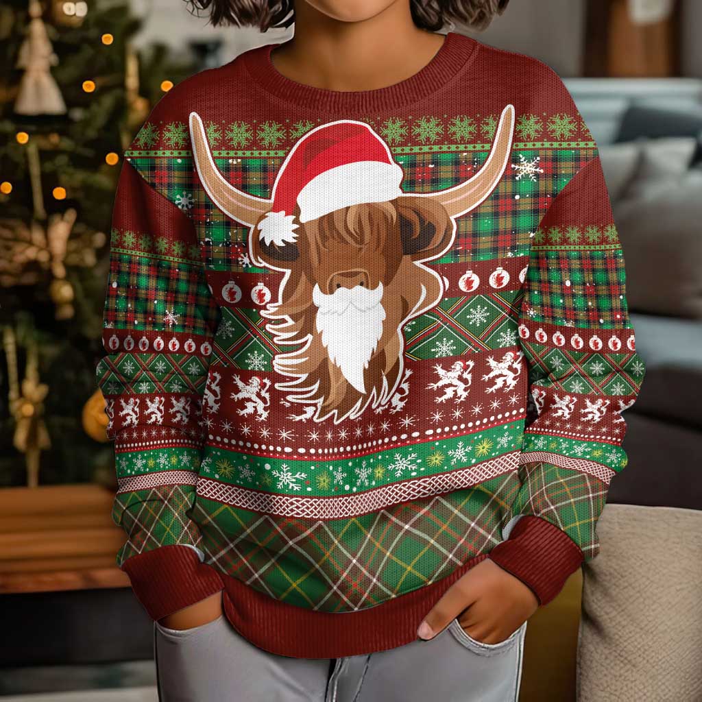 Scottish Christmas Kid Ugly Christmas Sweater Highland Cattle-Xmas Tartan Stripes Style Red Color - Wonder Print Shop