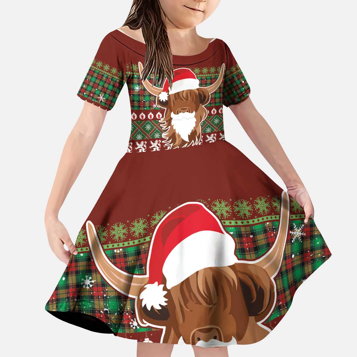 Scottish Christmas Kid Short Sleeve Dress Highland Cattle-Xmas Tartan Stripes Style Red Color - Wonder Print Shop